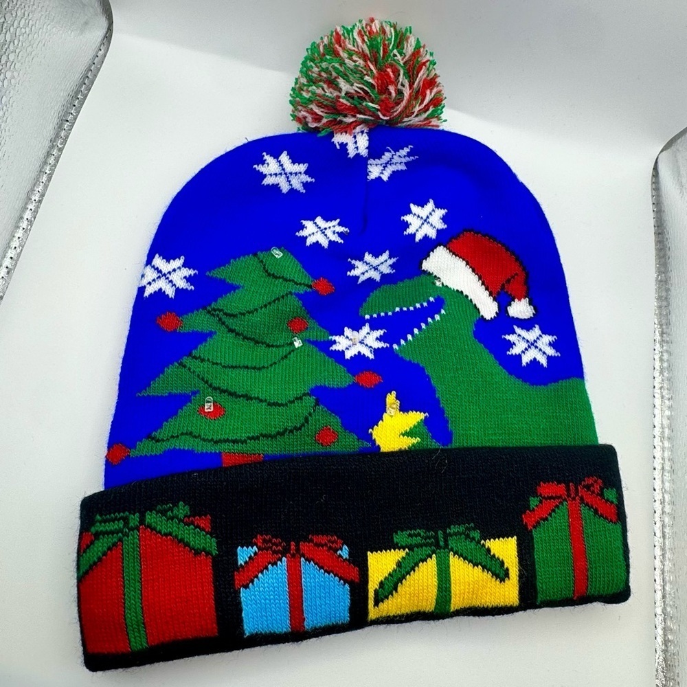 NWOT Festive Dinosaur Knit *Light Up* Beanie - Blue and Green